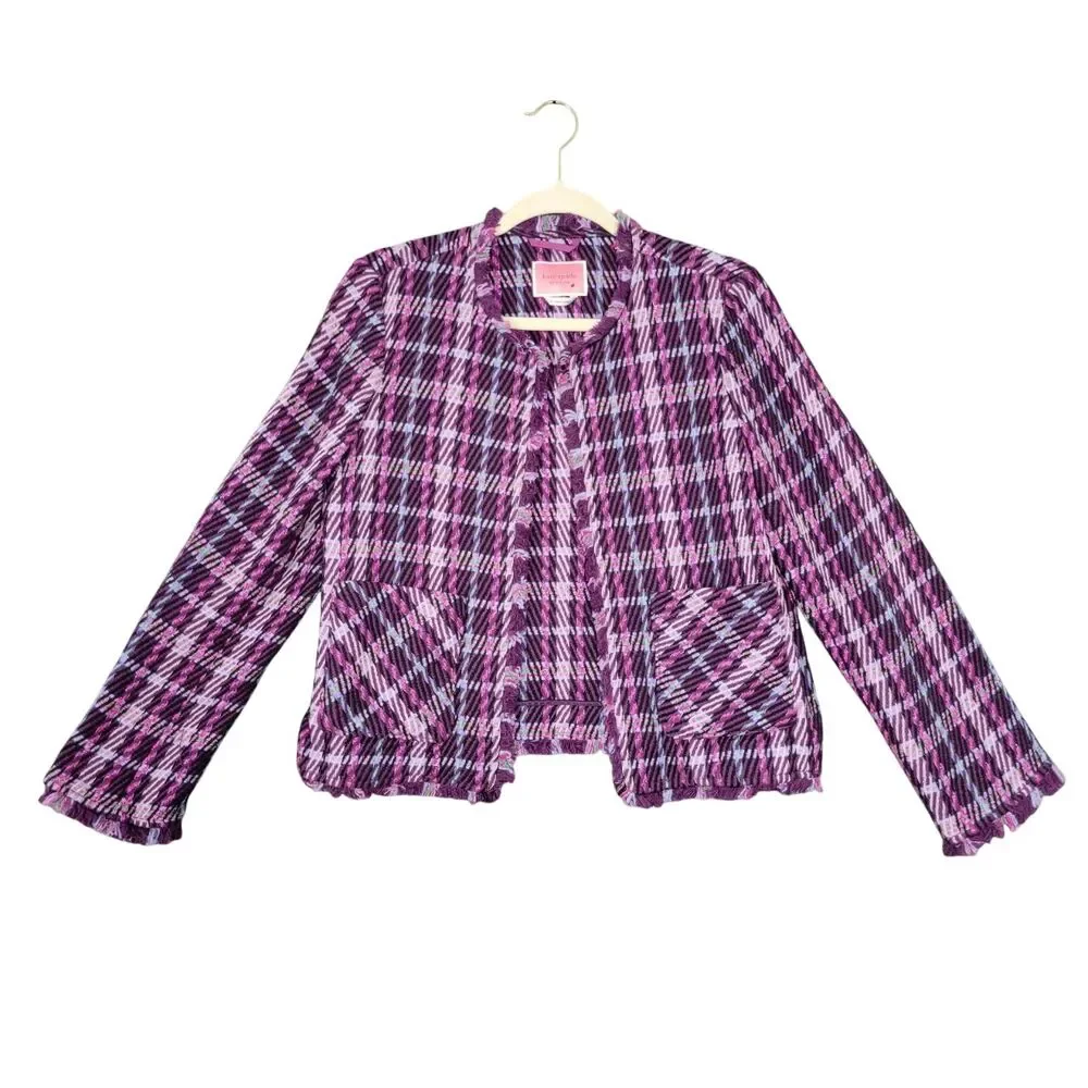 KATE SPADE Purple Plaid Tweed Jacket Office Preppy Clueless Academia SIZE 6